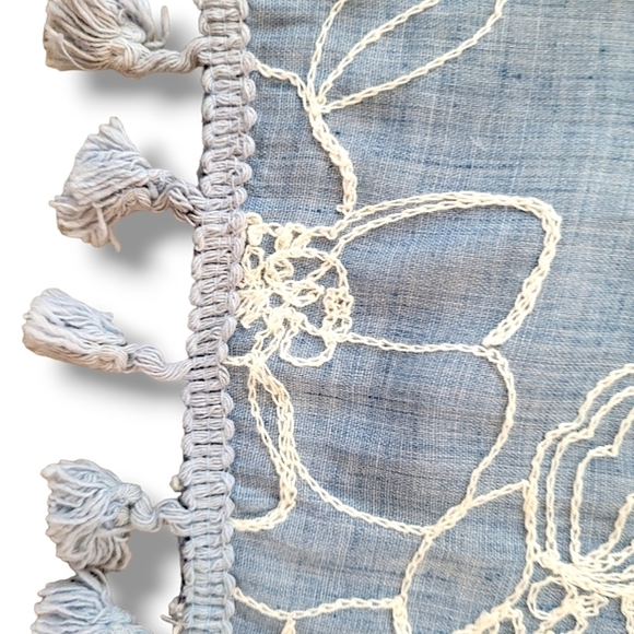 Bruges Blue Chambray Floral Embroidered Pompom Fringe Shawl - Picture 4 of 6